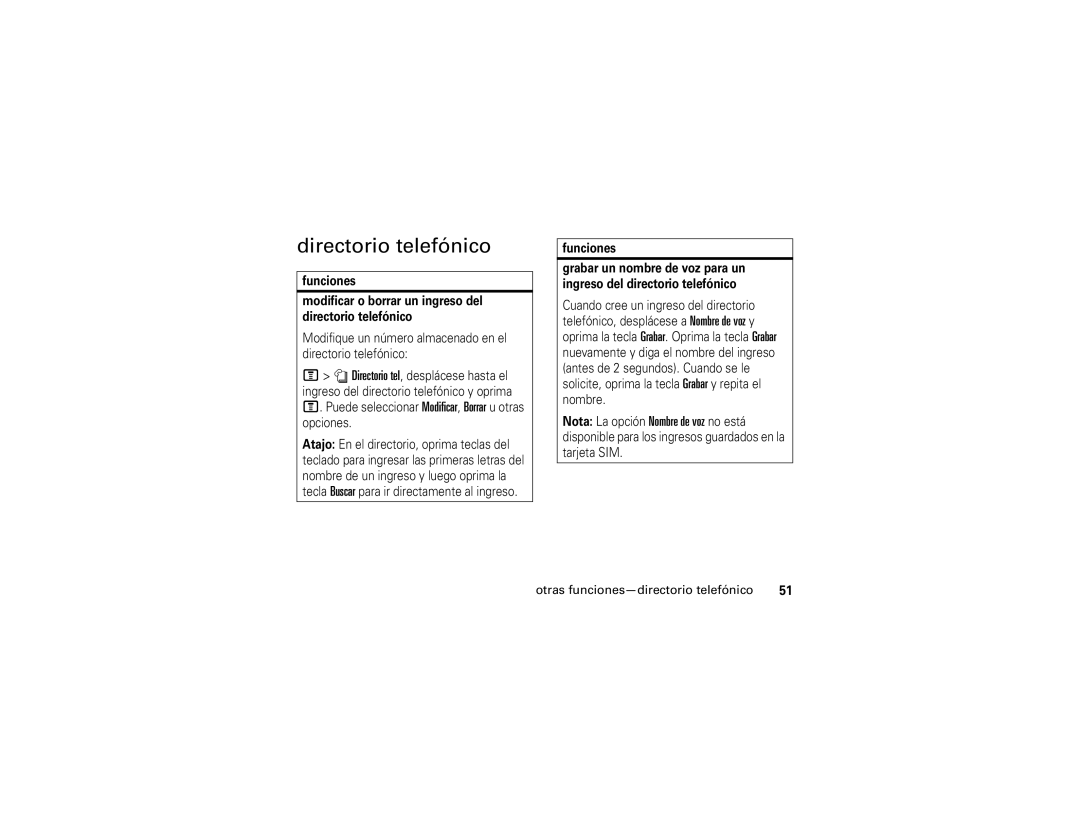Motorola V195 manual Directorio telefónico, Otras funciones-directorio telefónico 