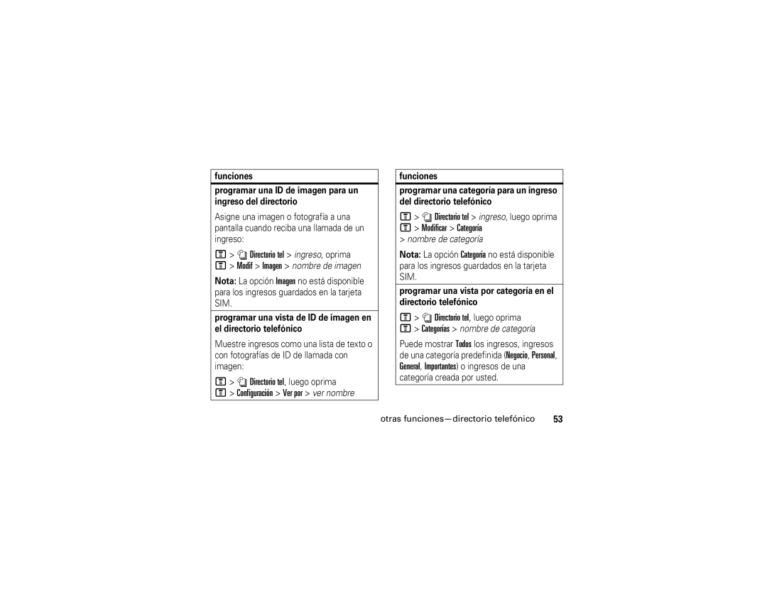 Motorola V195 manual Configuración Ver por ver nombre, Directorio tel ingreso, luego oprima M Modificar Categoría 