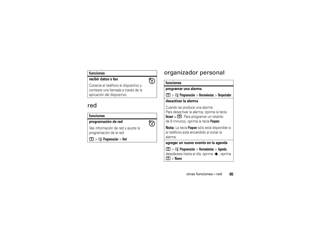 Motorola V195 manual Organizador personal, Programación Red, Nuevo, Otras funciones-red 
