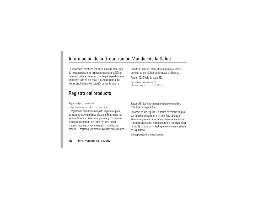 Motorola V195 manual Información de la Organización Mundial de la Salud, Registro del producto, Información de la OMS 