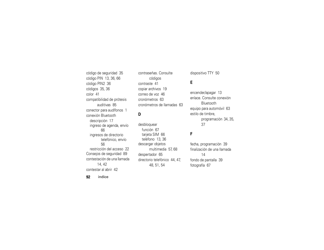 Motorola V195 manual 92 índice 