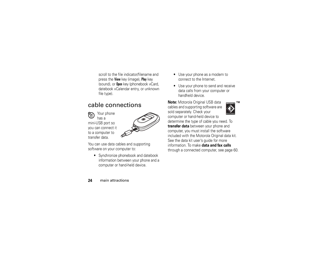 Motorola V195 manual Cable connections 