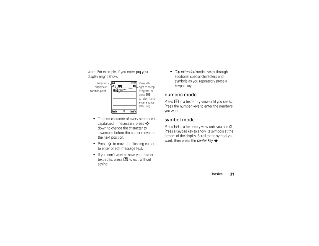 Motorola V195 manual Numeric mode, Symbol mode 