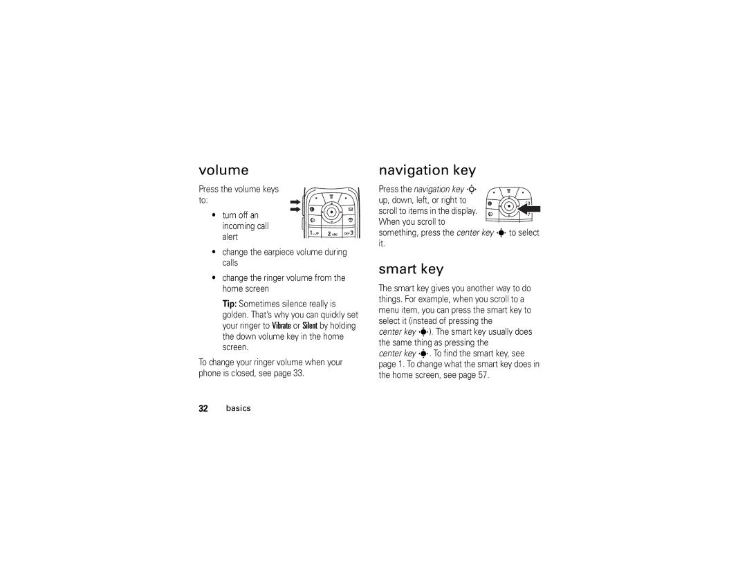 Motorola V195 manual Volume, Navigation key, Smart key 