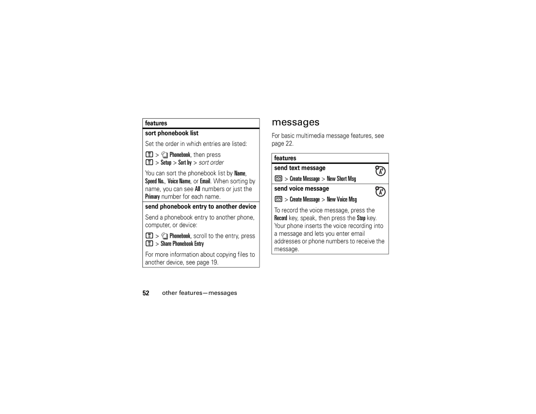 Motorola V195 manual Messages, Setup Sort by sort order, Create Message New Short Msg, Create Message New Voice Msg 