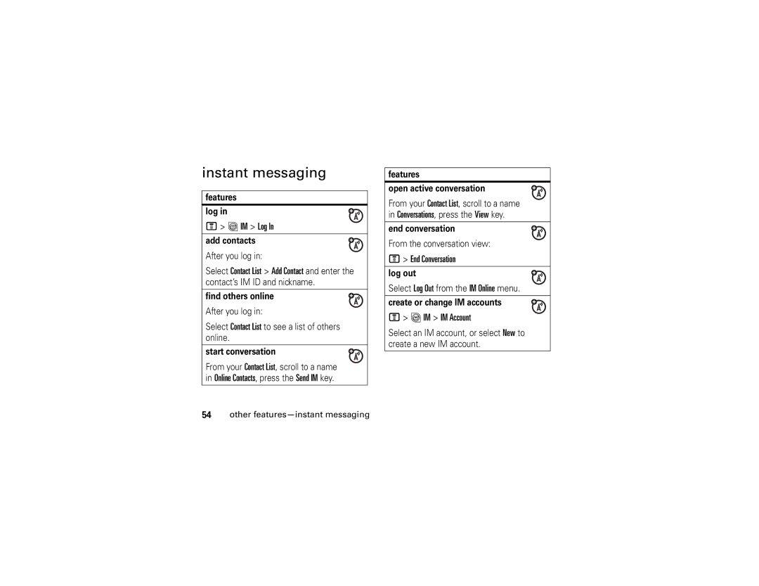 Motorola V195 manual Instant messaging, IM Log, End Conversation, IM IM Account, Other features-instant messaging 