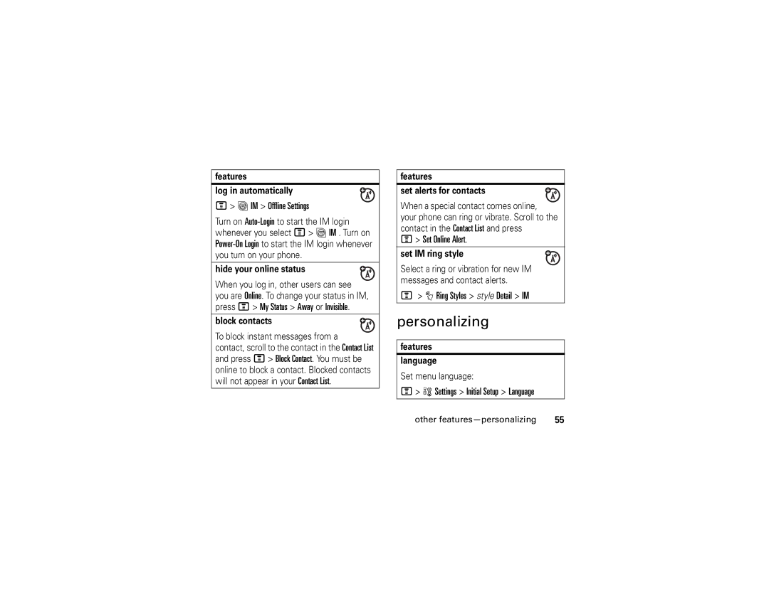 Motorola V195 manual Personalizing, IM Offline Settings, Set Online Alert, Ring Styles style Detail IM 