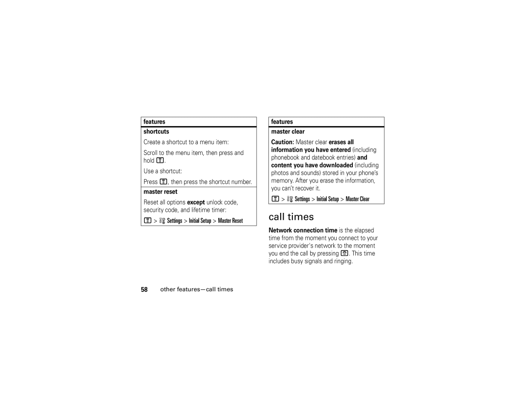 Motorola V195 manual Call times, Settings Initial Setup Master Clear, Settings Initial Setup Master Reset 