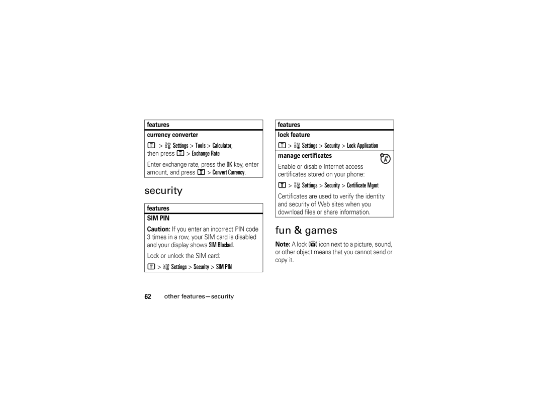 Motorola V195 manual Fun & games, Settings Security SIM PIN, Settings Security Lock Application 