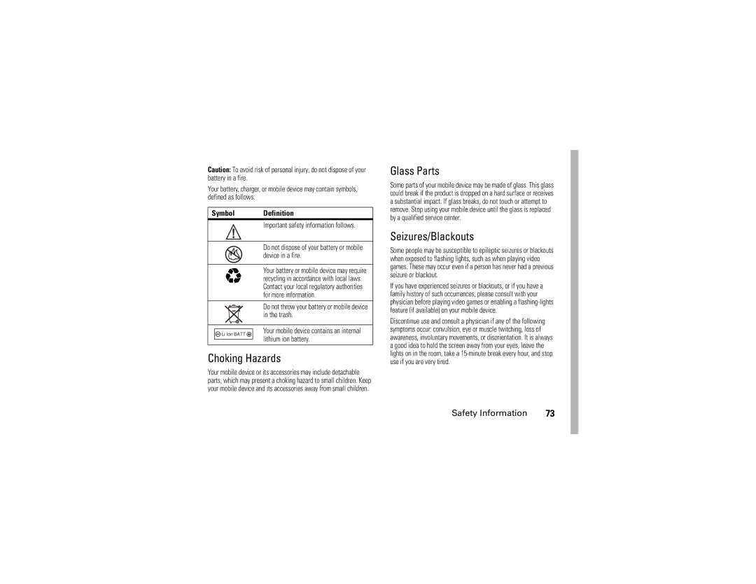 Motorola V195 manual Choking Hazards, Glass Parts, Seizures/Blackouts, Symbol Definition 