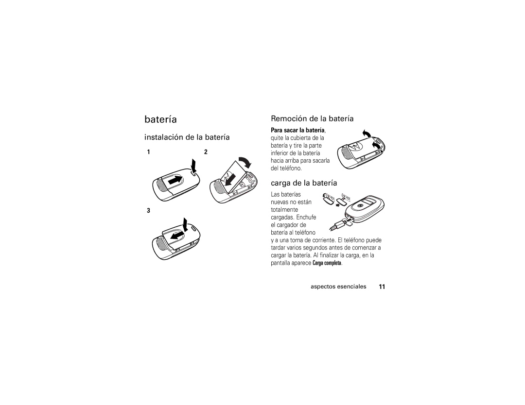 Motorola V195s manual Batería, Instalación de la batería Remoción de la batería, Carga de la batería, Para sacar la batería 