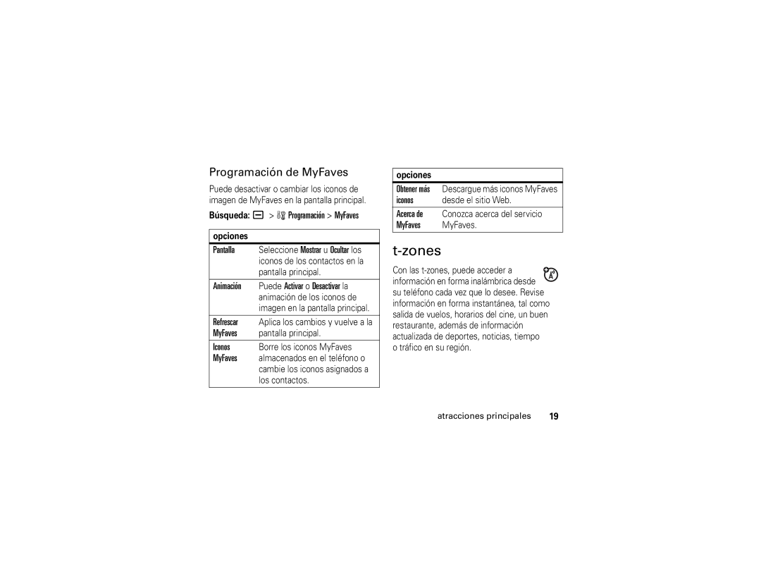 Motorola V195s manual Programación de MyFaves, Búsqueda a w Programación MyFaves, Iconos, Acerca de 