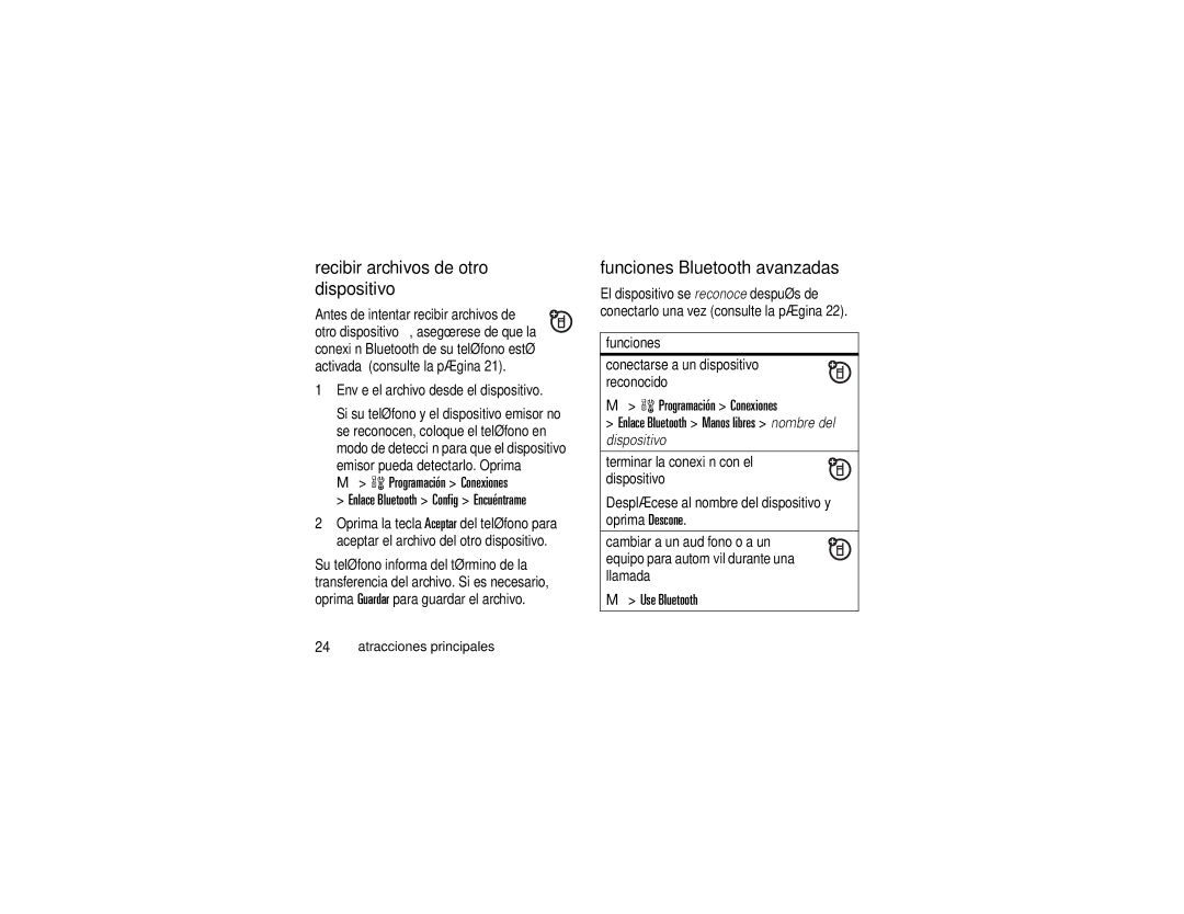 Motorola V195s manual Recibir archivos de otro dispositivo, Funciones Bluetooth avanzadas, Programación Conexiones 