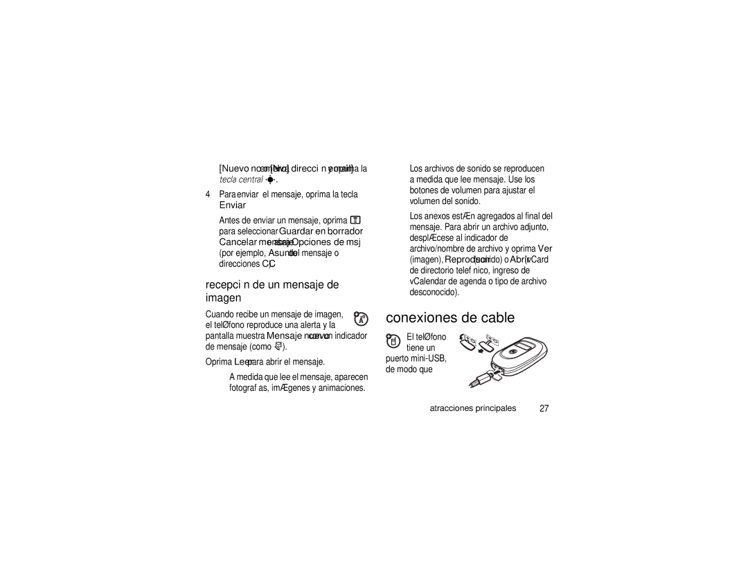 Motorola V195s manual Conexiones de cable, Recepción de un mensaje de imagen, Enviar 