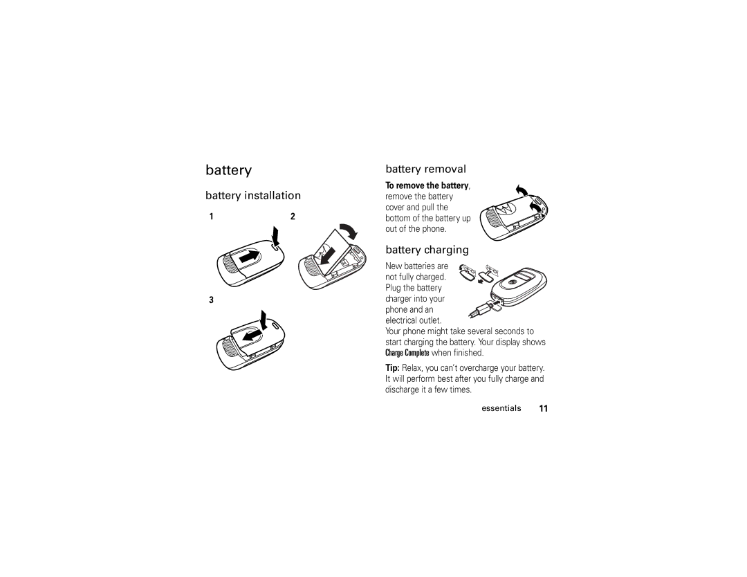 Motorola V195s manual Battery installation Battery removal, Battery charging, To remove the battery 