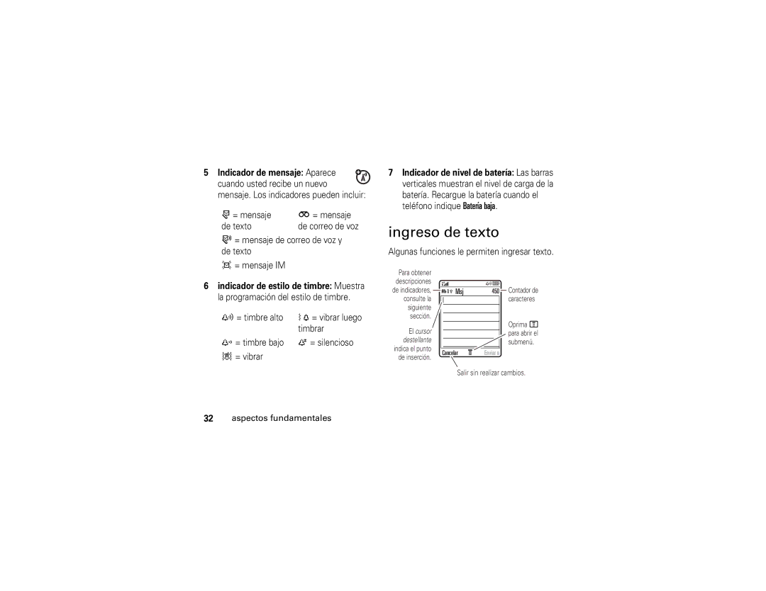 Motorola V195s manual Ingreso de texto, Indicador de mensaje Aparece 