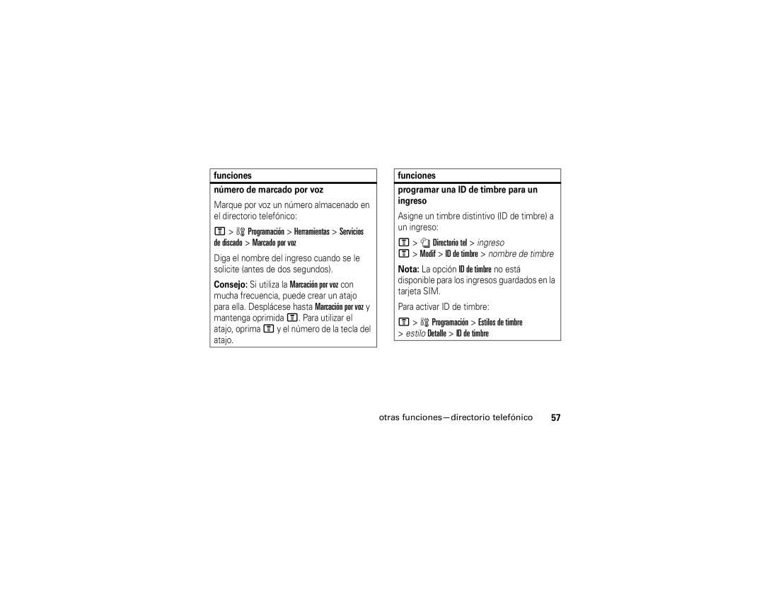 Motorola V195s manual Directorio tel ingreso Modif ID de timbre nombre de timbre, Funciones Número de marcado por voz 