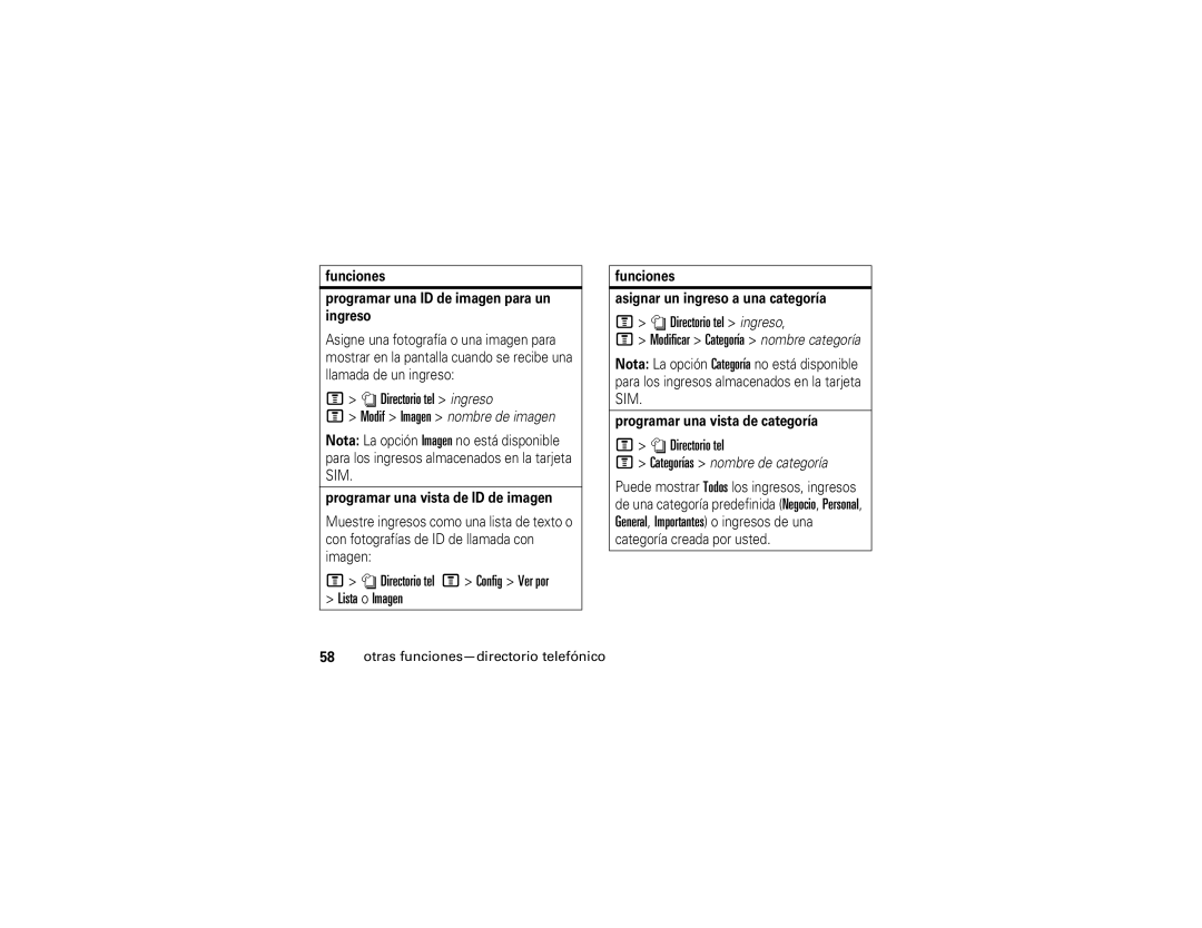 Motorola V195s manual Directorio tel ingreso, Directorio tel M Config Ver por Lista o Imagen 