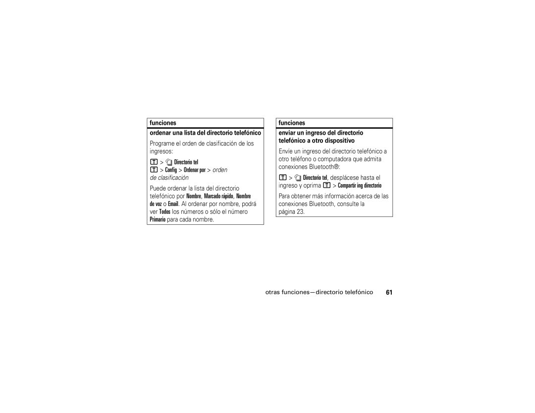 Motorola V195s manual Ingreso y oprima M Compartir ing directorio, Funciones Ordenar una lista del directorio telefónico 