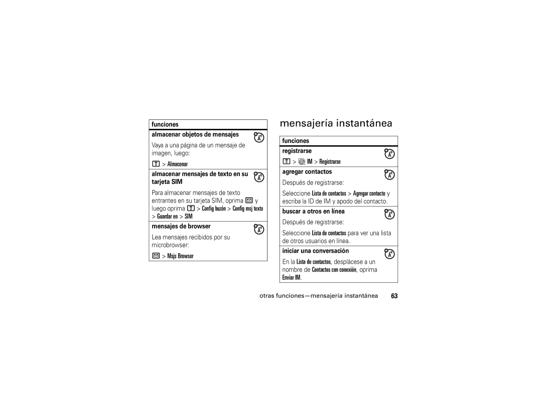 Motorola V195s manual Mensajería instantánea, Guardar en SIM, Msjs Browser, IM Registrarse 