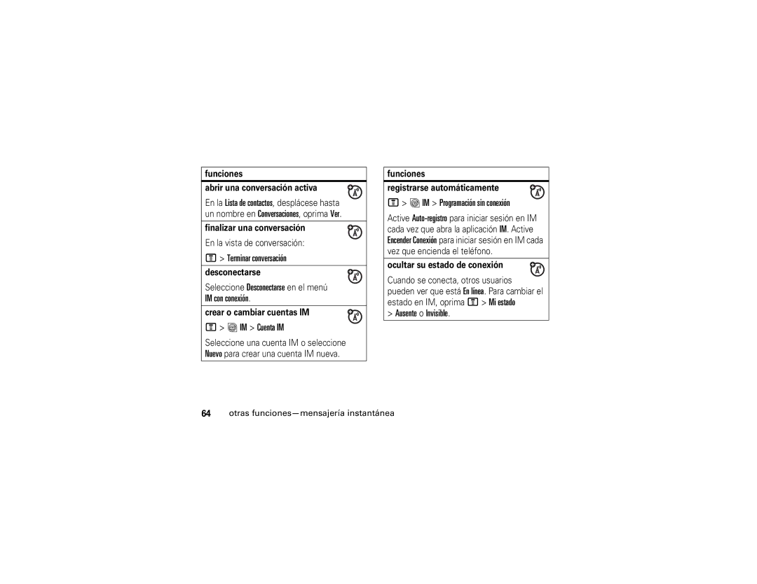 Motorola V195s manual Terminar conversación, IM Cuenta IM, IM Programación sin conexión, Ausente o Invisible 