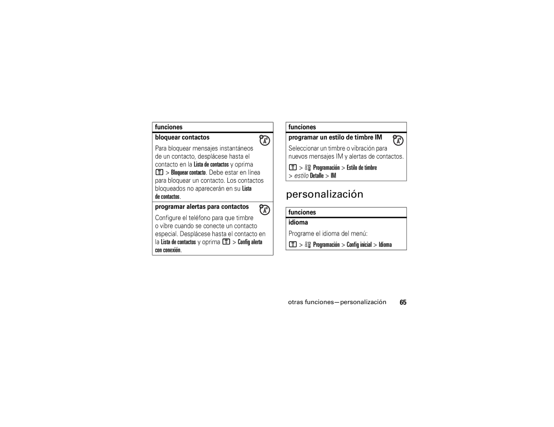 Motorola V195s manual Personalización, De contactos, Programación Estilo de timbre Estilo Detalle IM 