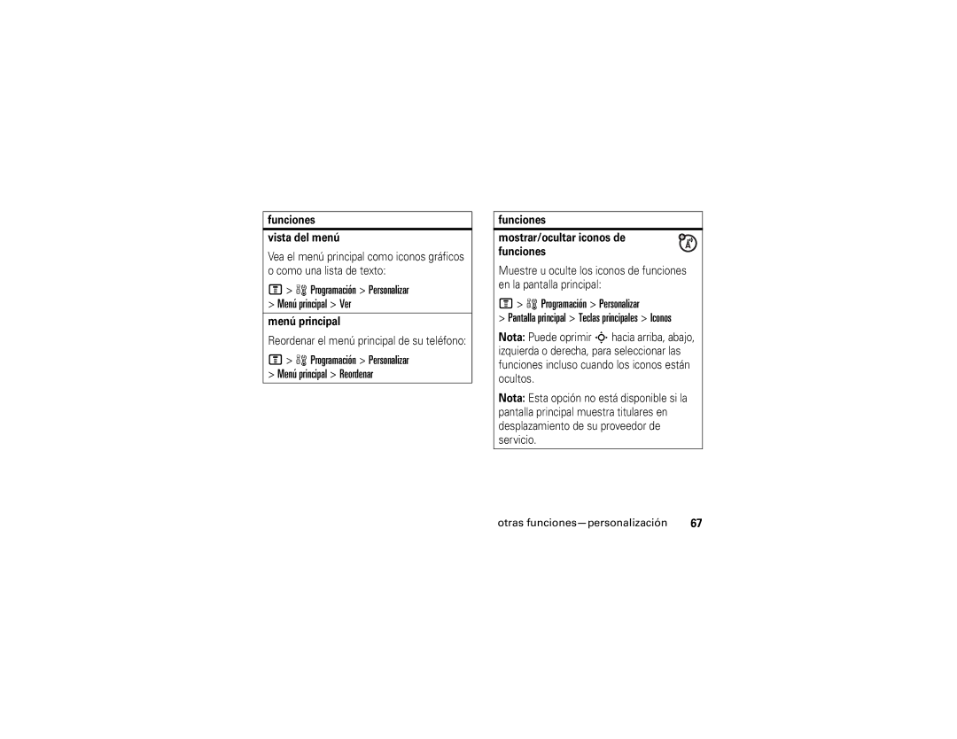 Motorola V195s manual Programación Personalizar Menú principal Ver, Funciones Vista del menú 