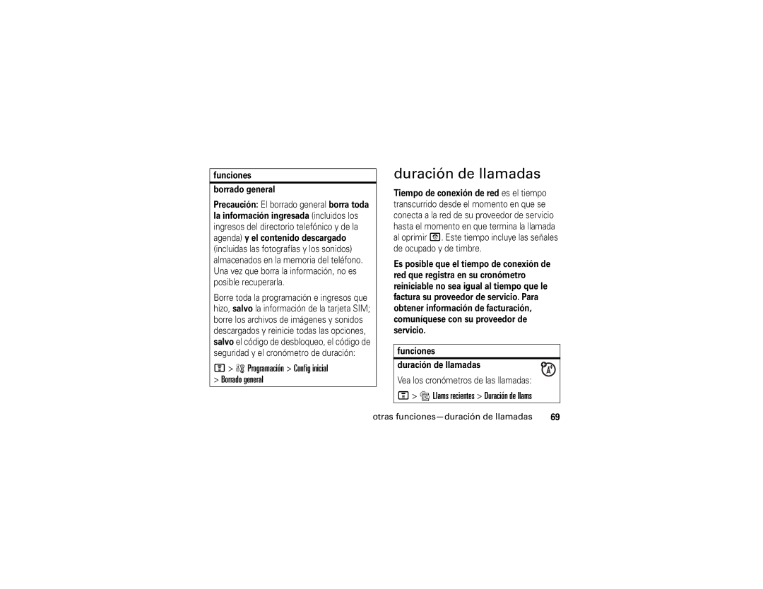 Motorola V195s manual Duración de llamadas, Programación Config inicial Borrado general, Llams recientes Duración de llams 