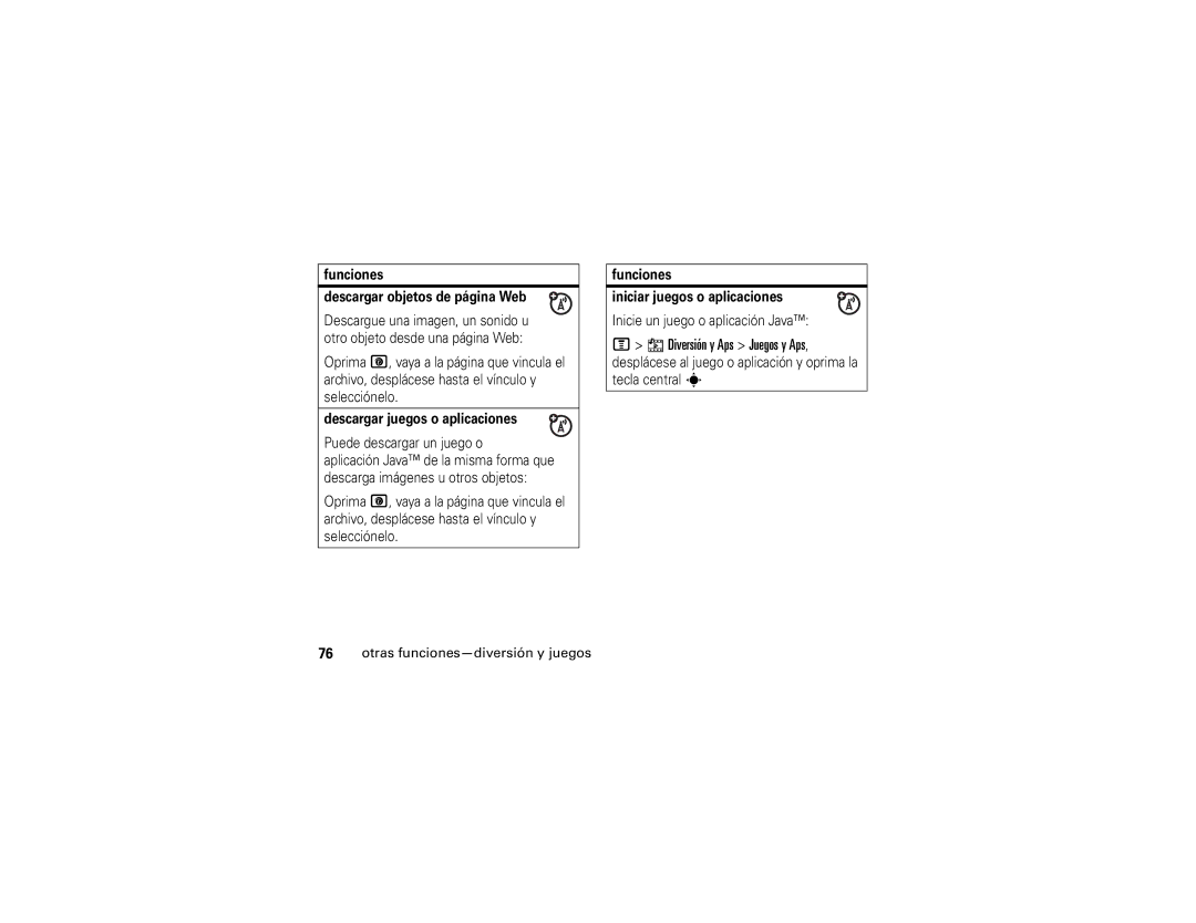 Motorola V195s Diversión y Aps Juegos y Aps, Funciones Descargar objetos de página Web, Descargar juegos o aplicaciones 