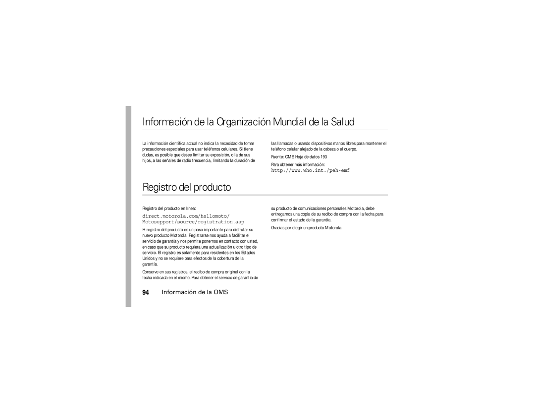 Motorola V195s manual Información de la Organización Mundial de la Salud, Registro del producto, Información de la OMS 