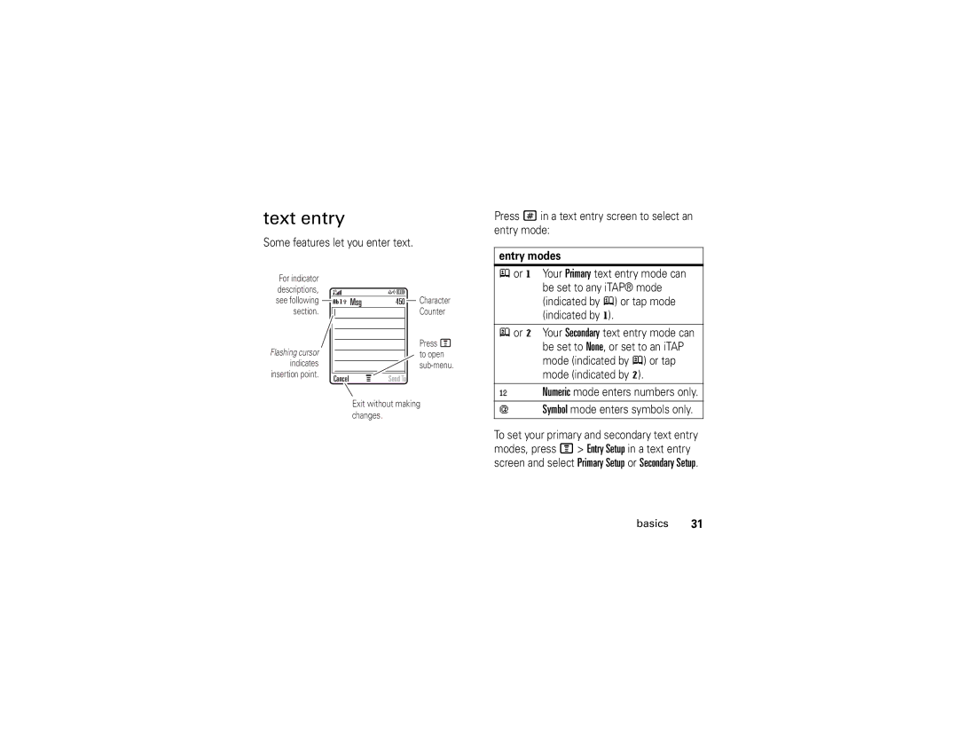 Motorola V195s manual Text entry, Entry modes 