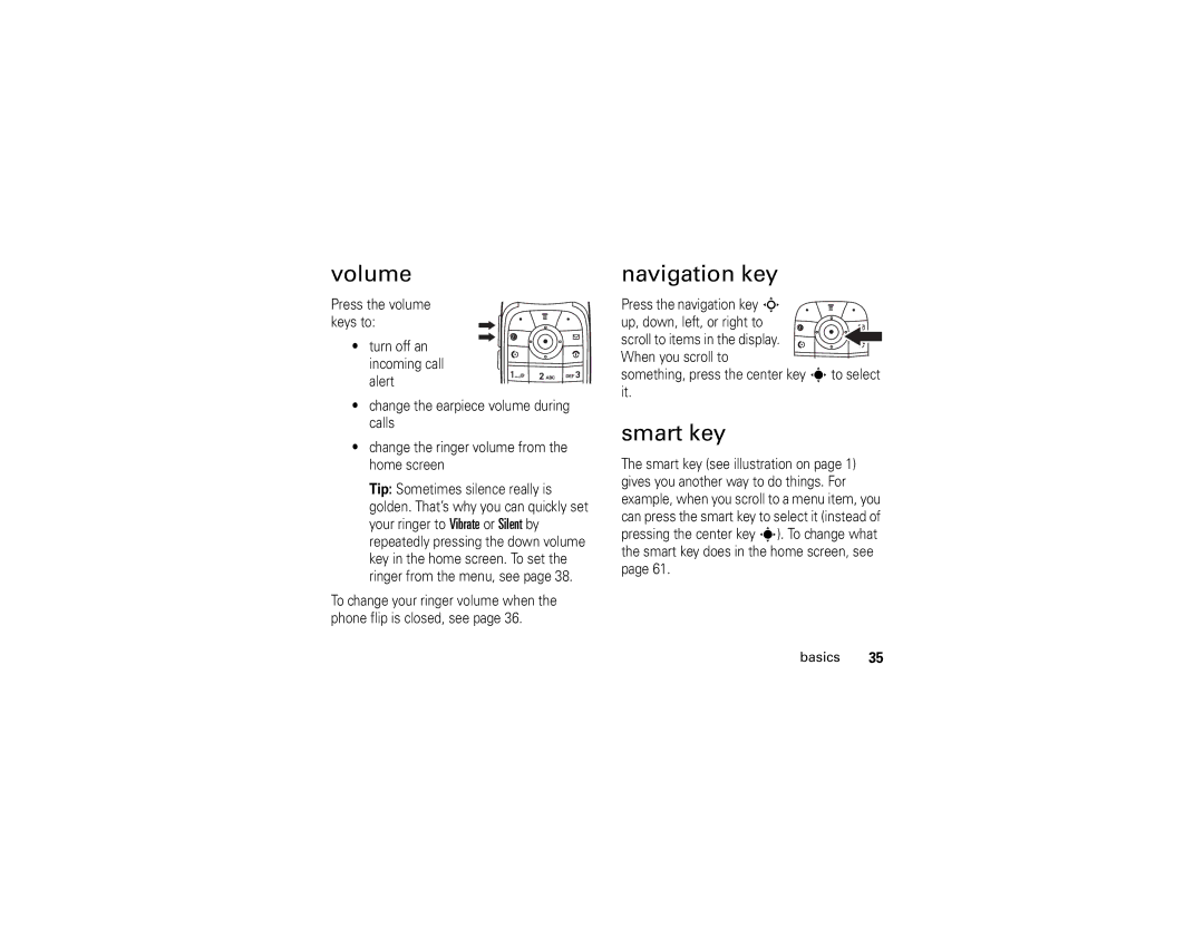 Motorola V195s manual Volume, Navigation key, Smart key 