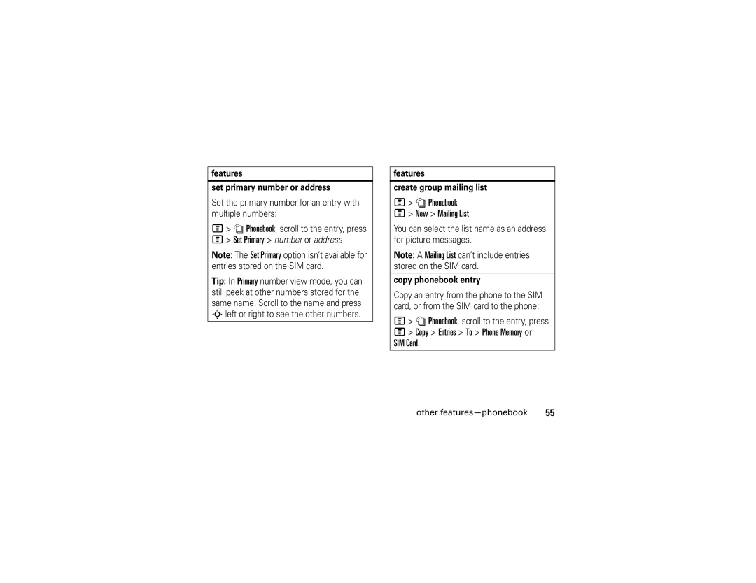 Motorola V195s Phonebook New Mailing List, Features Set primary number or address, Features Create group mailing list 