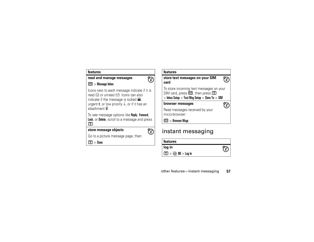 Motorola V195s manual Instant messaging, Message Inbox, Store, Browser Msgs, IM Log 