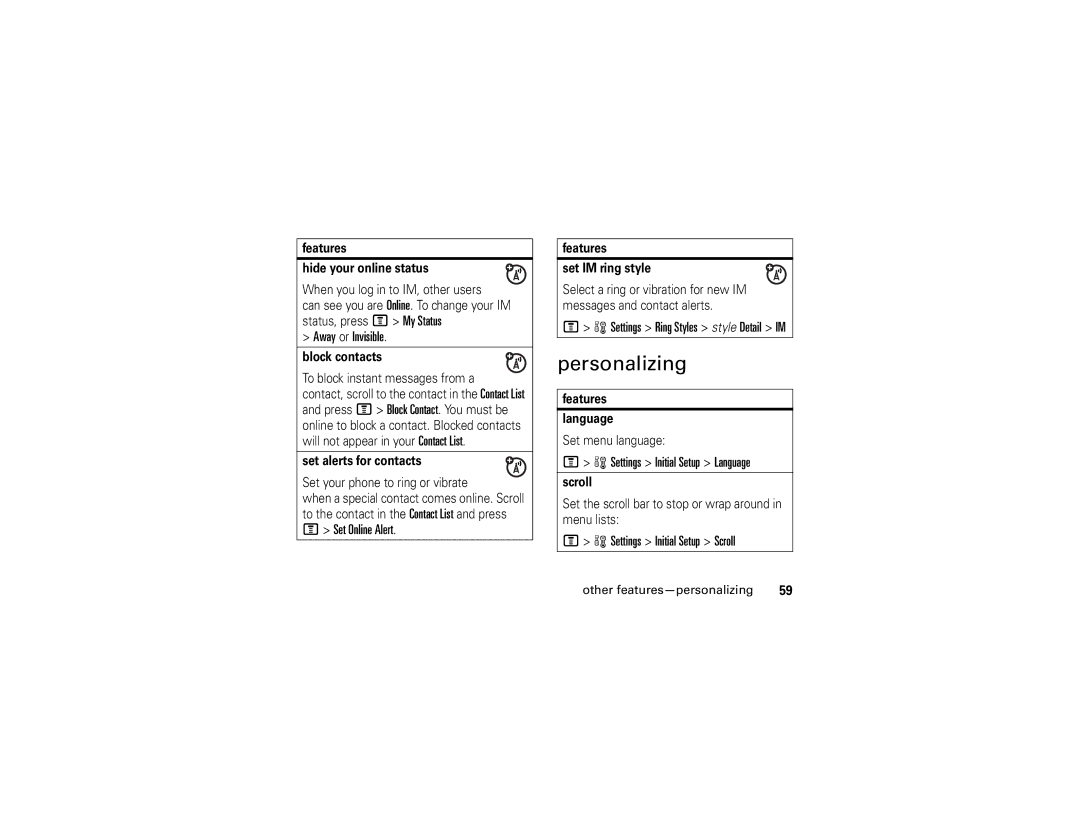 Motorola V195s manual Personalizing, Away or Invisible, Settings Initial Setup Language, Settings Initial Setup Scroll 