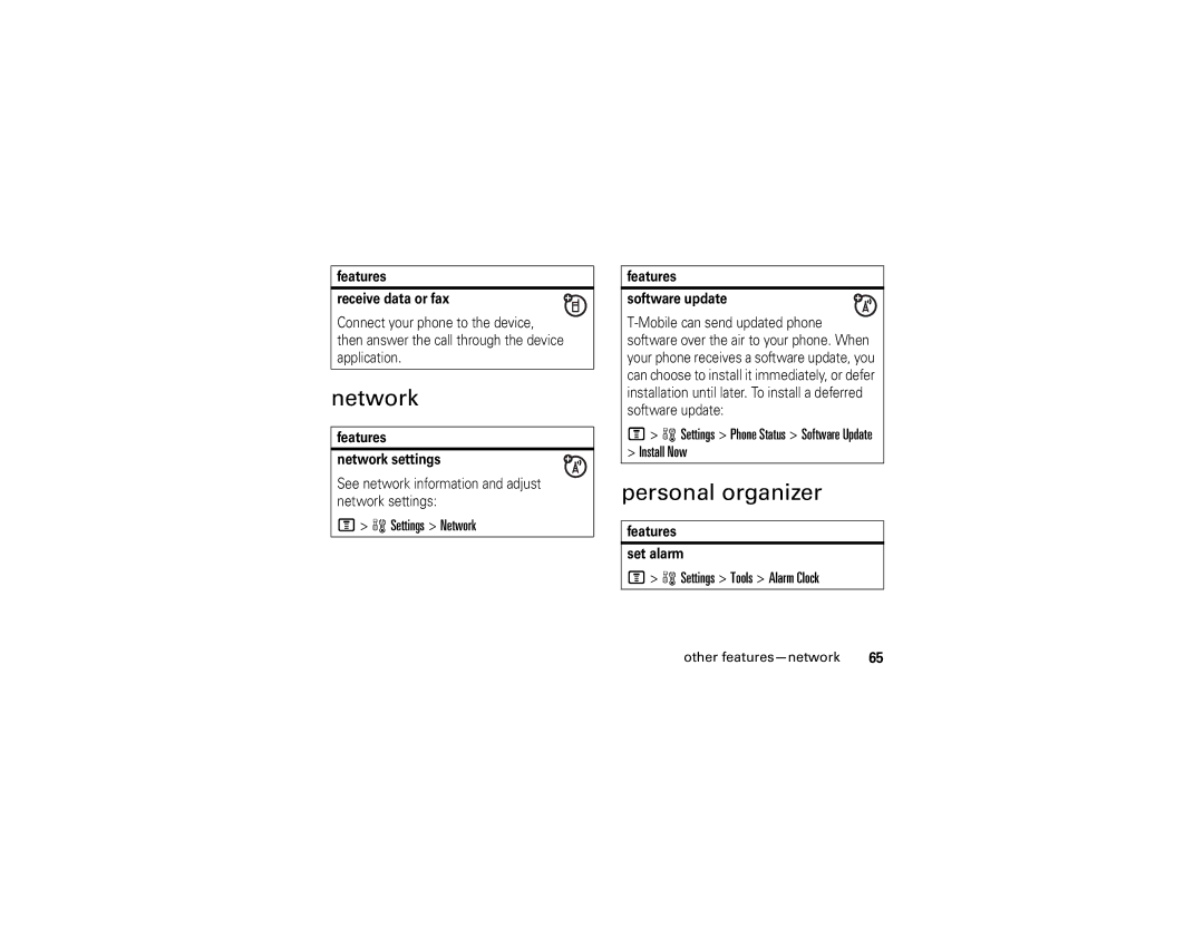 Motorola V195s manual Personal organizer, Settings Network, Install Now, Settings Tools Alarm Clock 