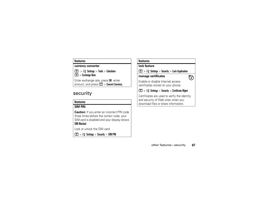 Motorola V195s manual Settings Security SIM PIN, Settings Security Lock Application, Settings Security Certificate Mgmt 