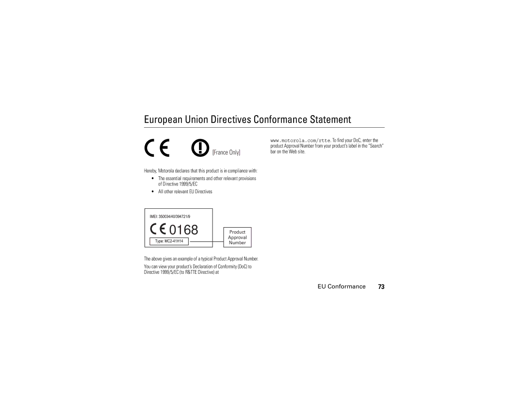 Motorola V195s manual European Union Directives Conformance Statement, France Only, EU Conformance 