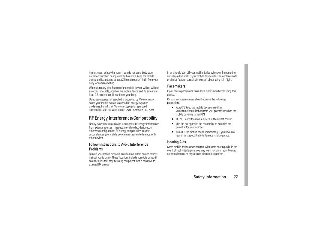 Motorola V195s manual RF Energy Interference/Compatibility, Follow Instructions to Avoid Interference Problems, Pacemakers 