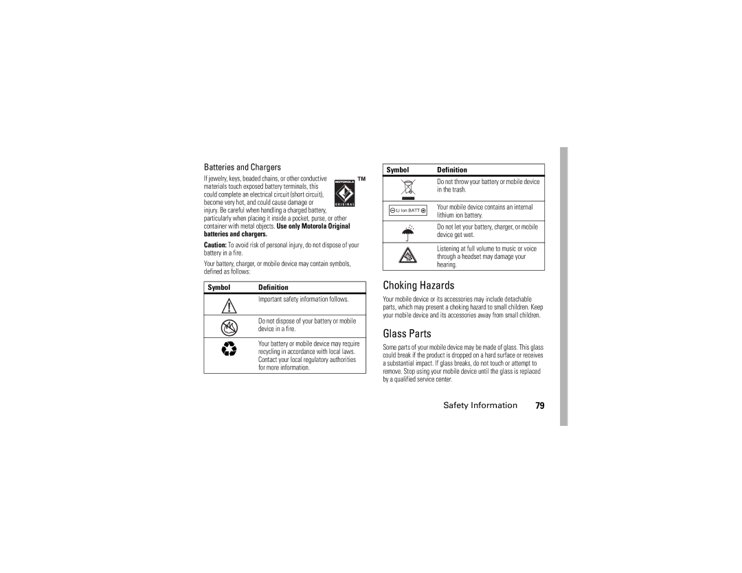 Motorola V195s manual Choking Hazards, Glass Parts, Batteries and Chargers, Symbol Definition 