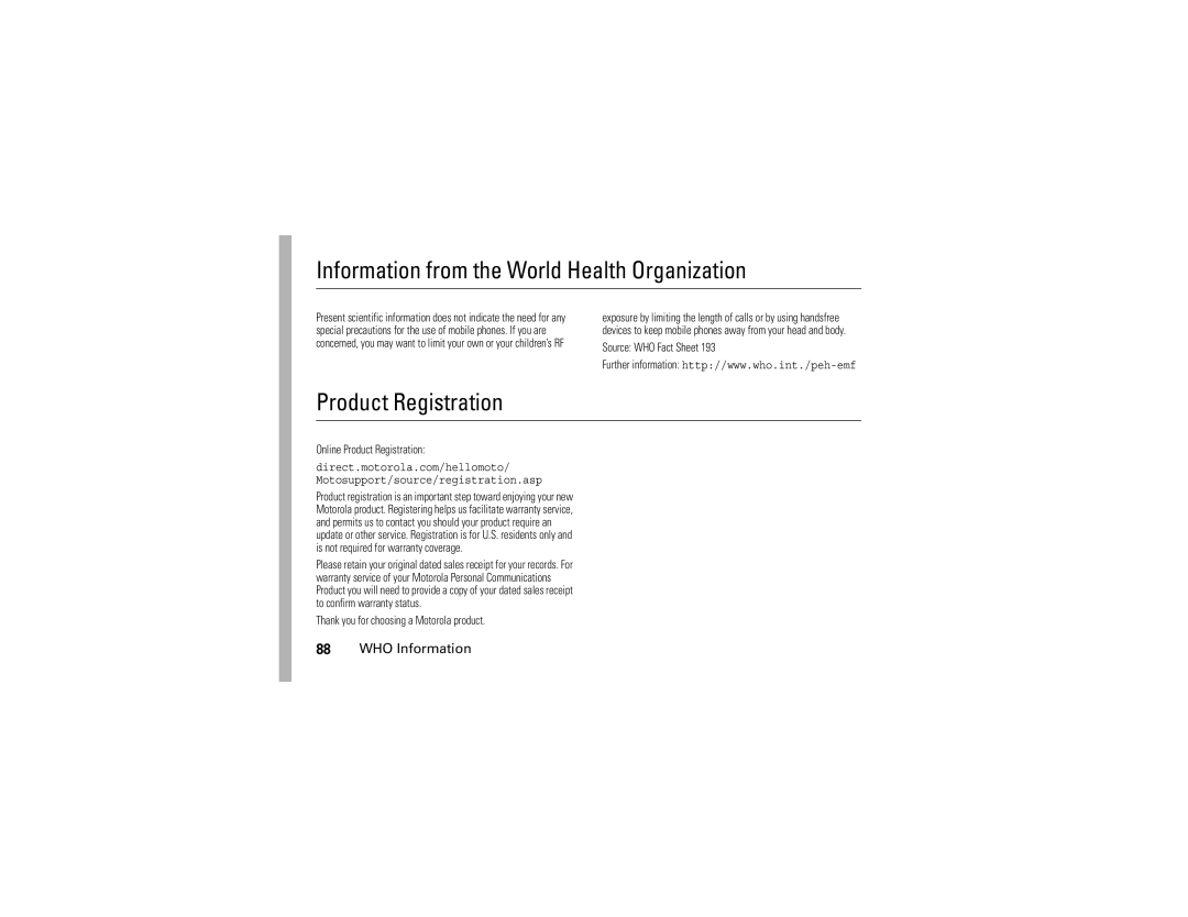 Motorola V195s manual Information from the World Health Organization, Product Registration, WHO Information 