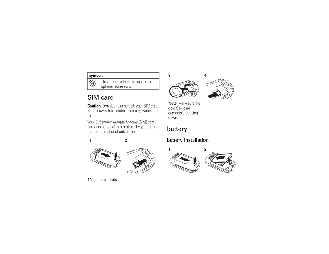 Motorola V197 manual SIM card, Battery installation, This means a feature requires an optional accessory 