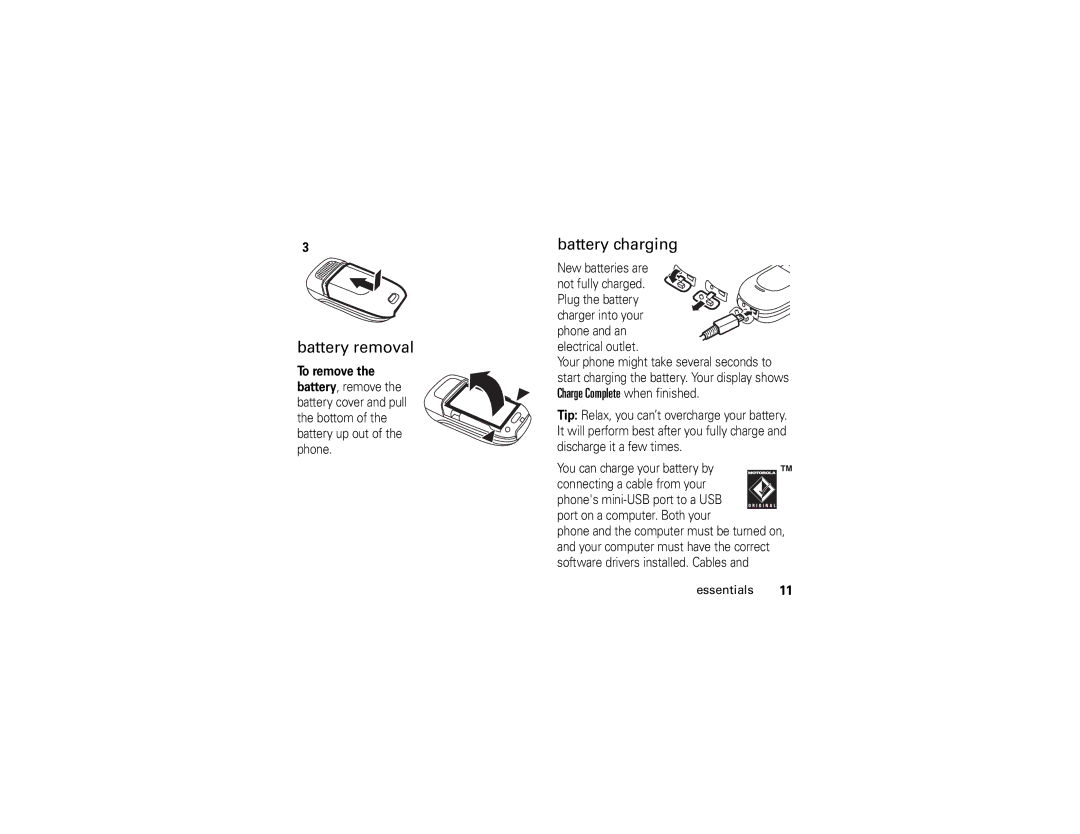 Motorola V197 manual Battery removal, Battery charging, Plug the battery 