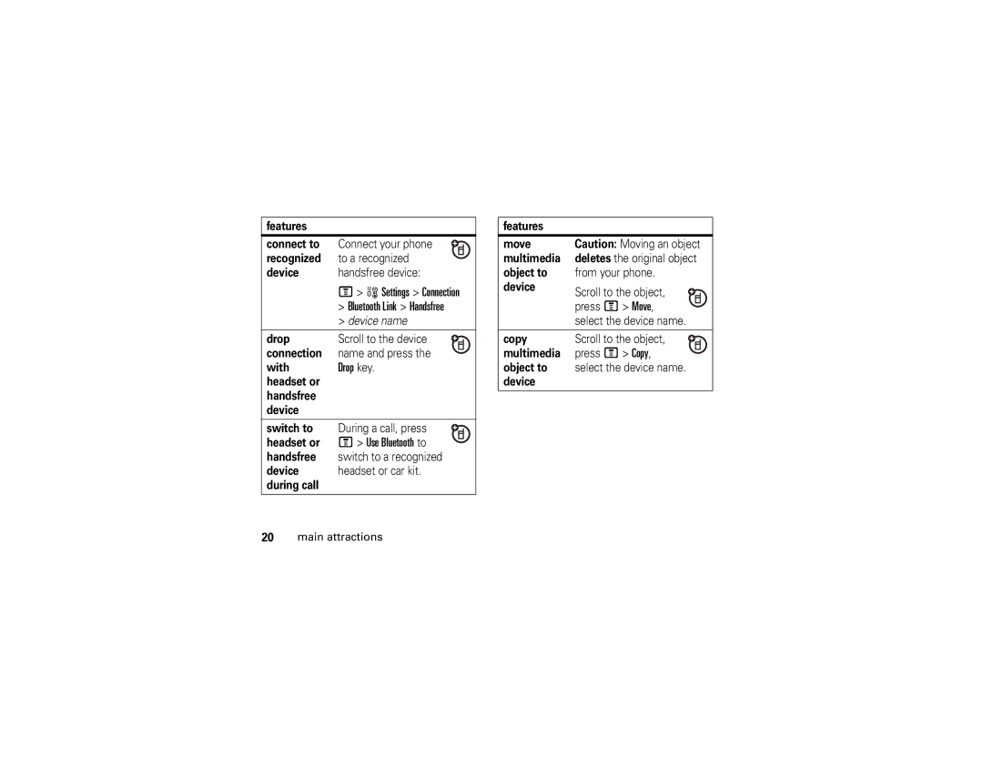 Motorola V197 manual Features Connect to, Recognized To a recognized Device Handsfree device, Object to, Copy 