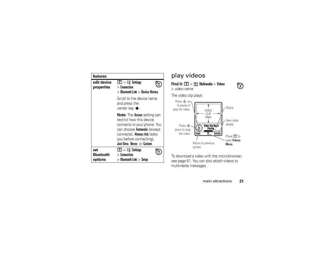 Motorola V197 manual Play videos, Settings, Connection, Bluetooth Link Setup, Find it M h Multimedia Videos 