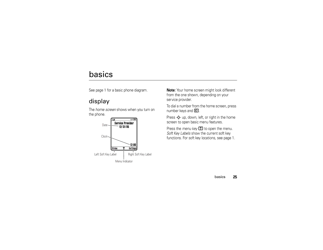 Motorola V197 manual Basics, Display, See page 1 for a basic phone diagram, Home screen shows when you turn on the phone 