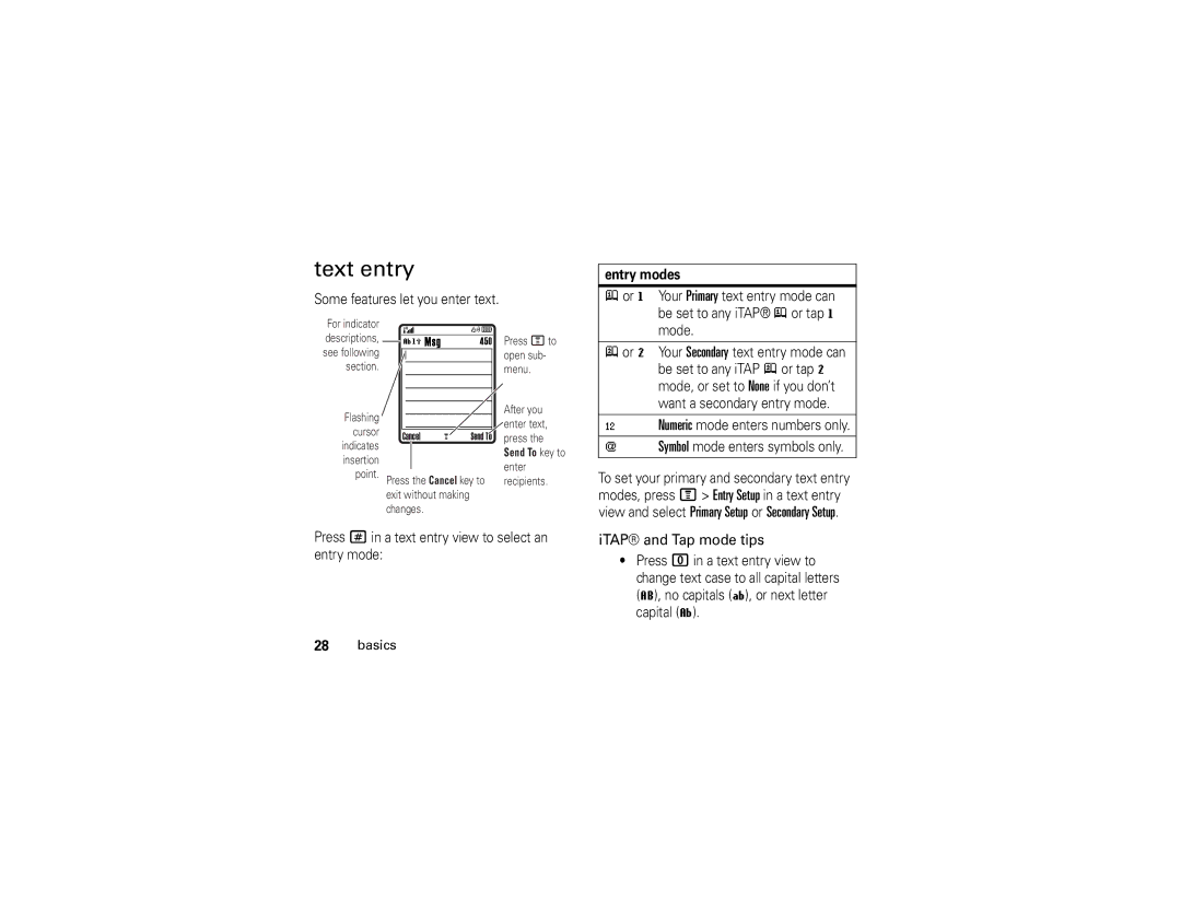 Motorola V197 manual Text entry, Some features let you enter text, Entry modes, Mode 