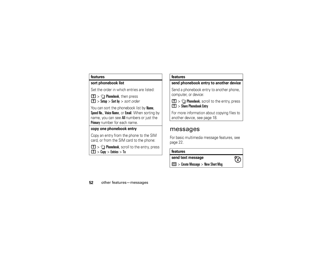 Motorola V197 manual Messages, Setup Sort by sort order, Share Phonebook Entry, Create Message New Short Msg 