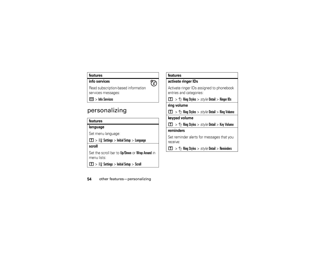 Motorola V197 manual Personalizing, Info Services, Settings Initial Setup Language, Settings Initial Setup Scroll 