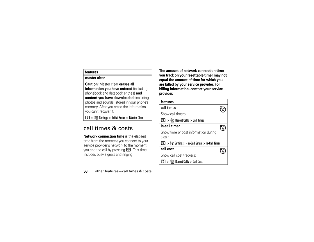 Motorola V197 Call times & costs, Recent Calls Call Times, Settings In-Call Setup In-Call Timer, Recent Calls Call Cost 